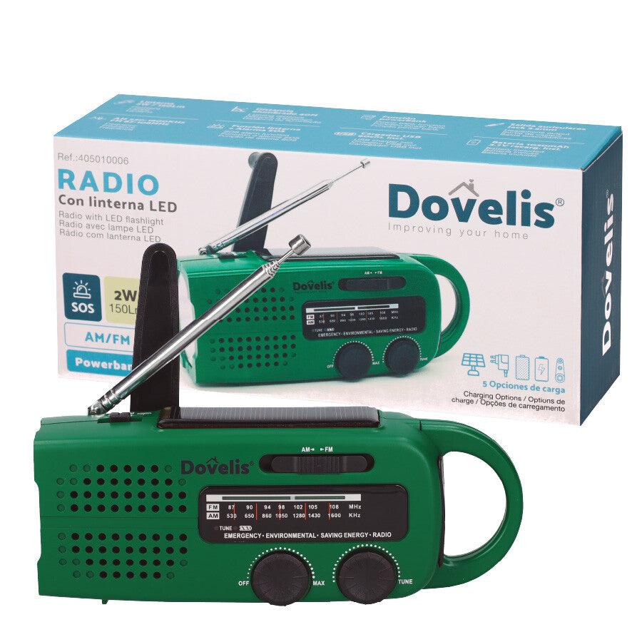 405010006 RADIO PORTATIL CON LINTERNA LED DINAMO RECARGABLE Y POWERBANK DOVELIS