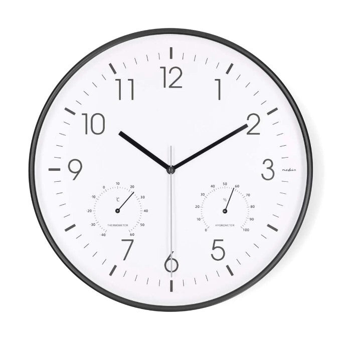 CLWA4226BK RELOJ DE PARED CON TERMOMETRO E HIGROMETRO ø30cm NEGRO NEDIS