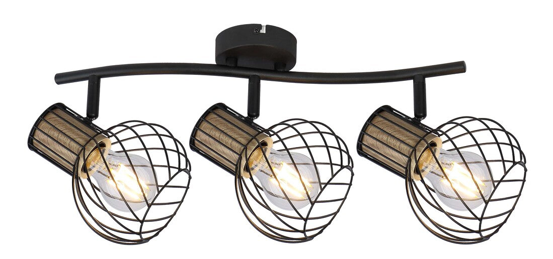 54012-3ds  REGLETA METAL NEGRO Y COLOR MADERA  3XE27 40W LUISE GLOBO