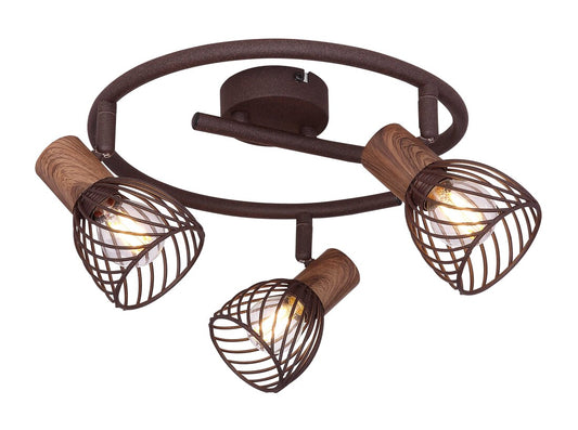 54817-3 REGLETA METAL COLOR OXIDO Y  MADERA  3XE27 40W  ISABELLE GLOBO