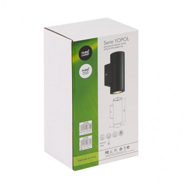 Aplique Exterior Yopol 2xgu10 Negro Cilindro Policarbonato  18,6x7,6x9,9 Cm  Ip54