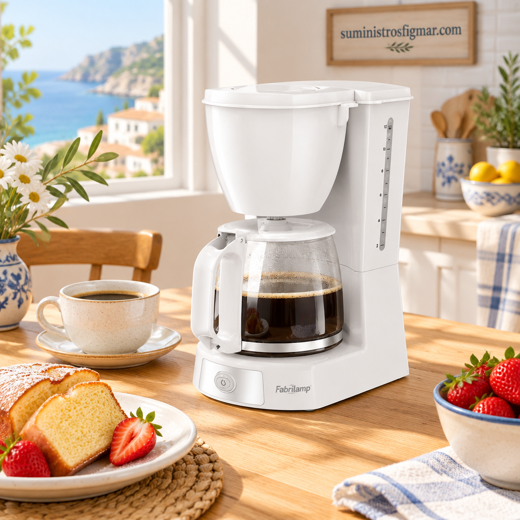 Cafetera Valkiria blanca con café y bizcocho