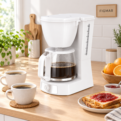 Cafetera Valkiria blanca en desayuno con marca Figmar