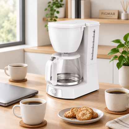 Cafetera Valkiria blanca en oficina con marca Figmar