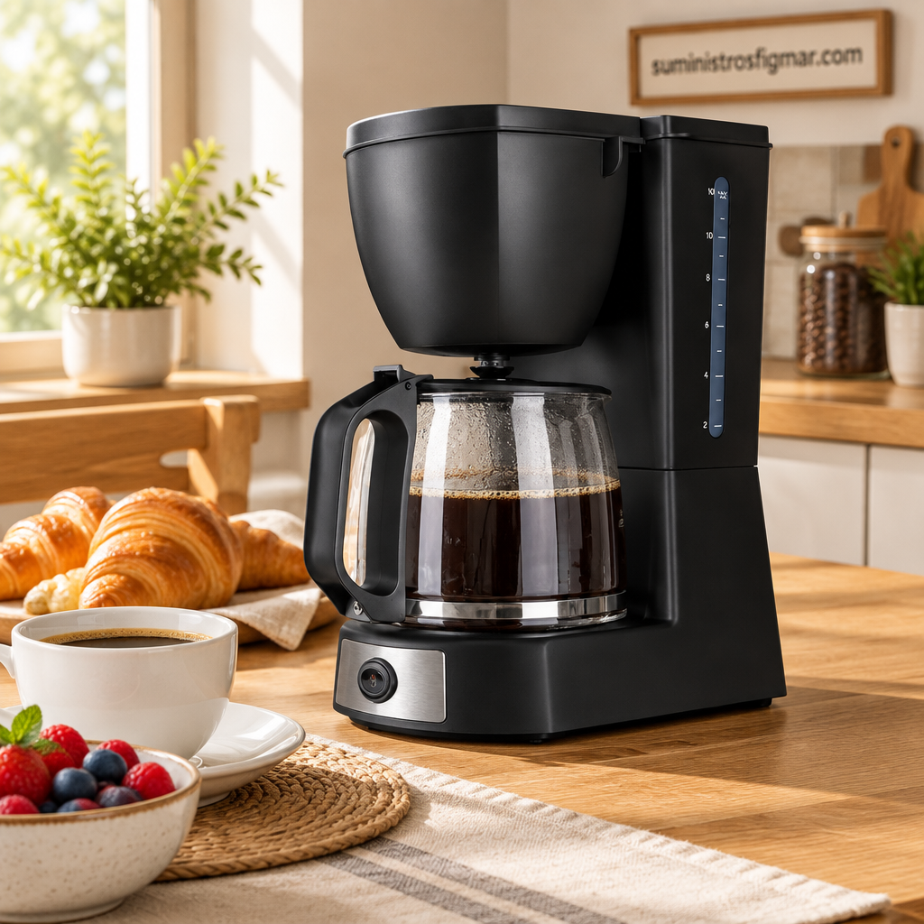 Cafetera Valkiria negra con café y cruasanes