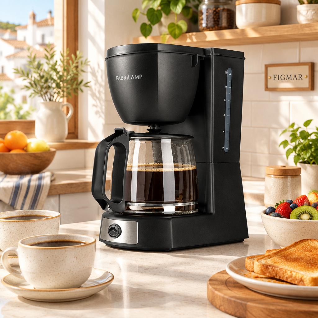 Cafetera Valkiria negra en desayuno con marca Figmar