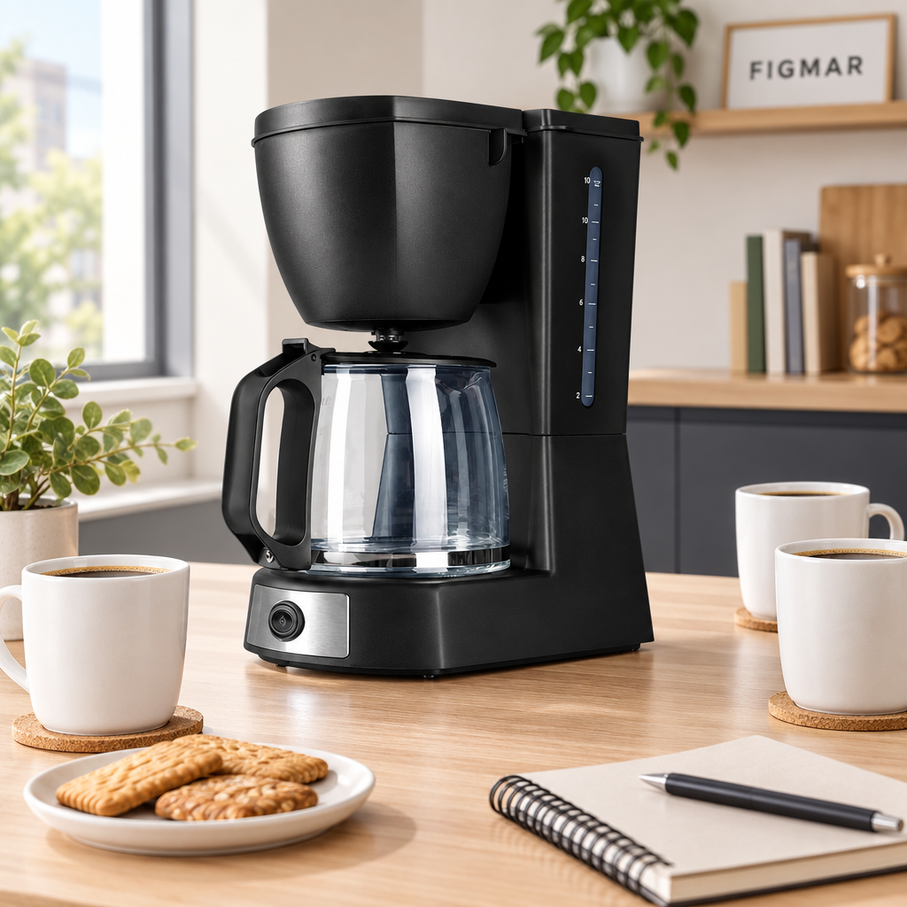 Cafetera Valkiria negra en oficina con marca Figmar