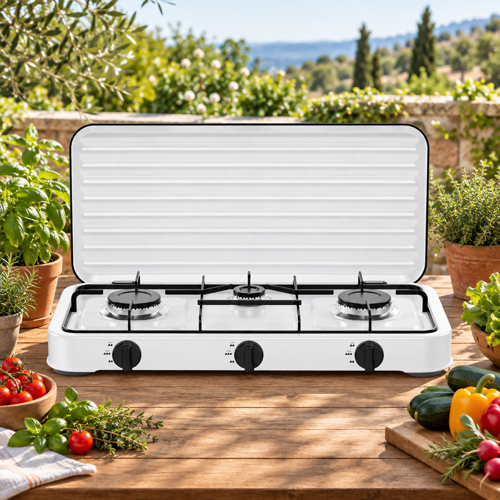 Cocina de gas en una terraza ajardinada