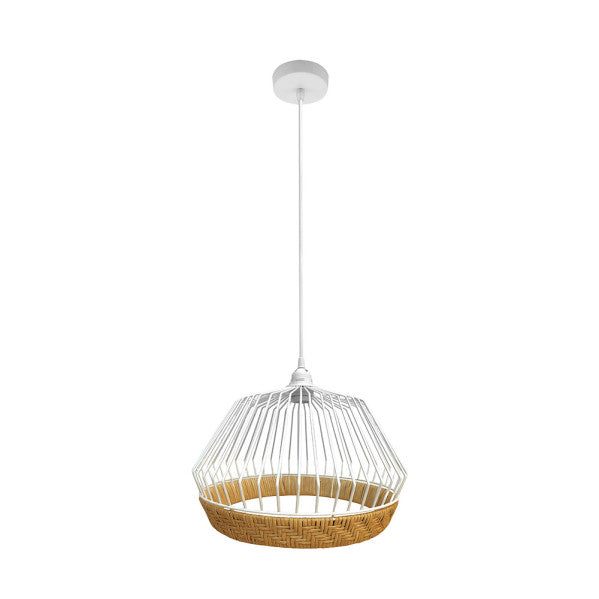 Colgante Hugo 1xe27 Blanco/natural Regx25x25cm C/metal Y Rattan