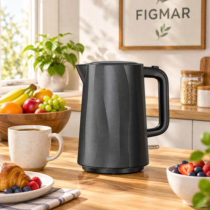 Escena ilustrativa de hervidor negro de relieve en desayuno con FIGMAR al fondo