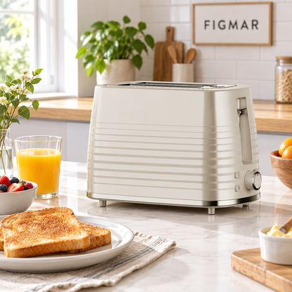 Escena ilustrativa de tostador beige de dos ranuras en barra de desayuno con FIGMAR al fondo