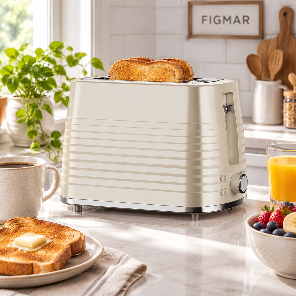 Escena ilustrativa de tostador beige de dos ranuras en cocina con FIGMAR al fondo