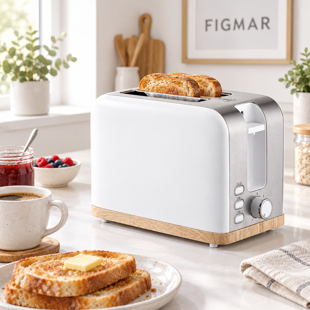 Escena ilustrativa de tostador blanco y haya de dos ranuras en cocina con FIGMAR al fondo