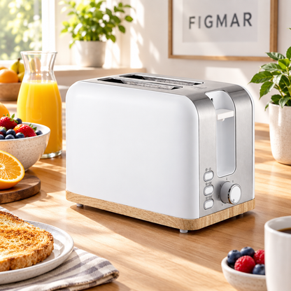 Escena ilustrativa de tostador blanco y haya de dos ranuras en desayuno con FIGMAR al fondo