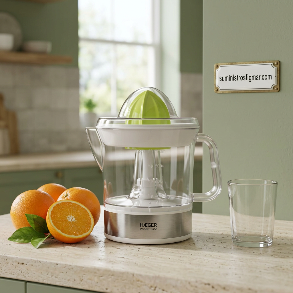 Exprimidor Haeger en cocina verde salvia