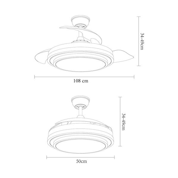 Fan DC Ibe 59w 6980lm Black 3 Pull-out Blades 107d 3000-4000-6000k Remote, Memory and Timer