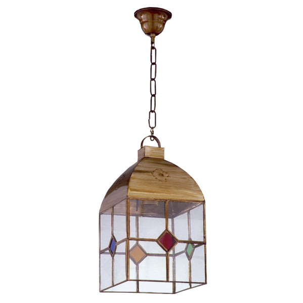 Farol Granadino 4 Caras Grande 1xe27 Cuero/colores REGx20x20 Cm
