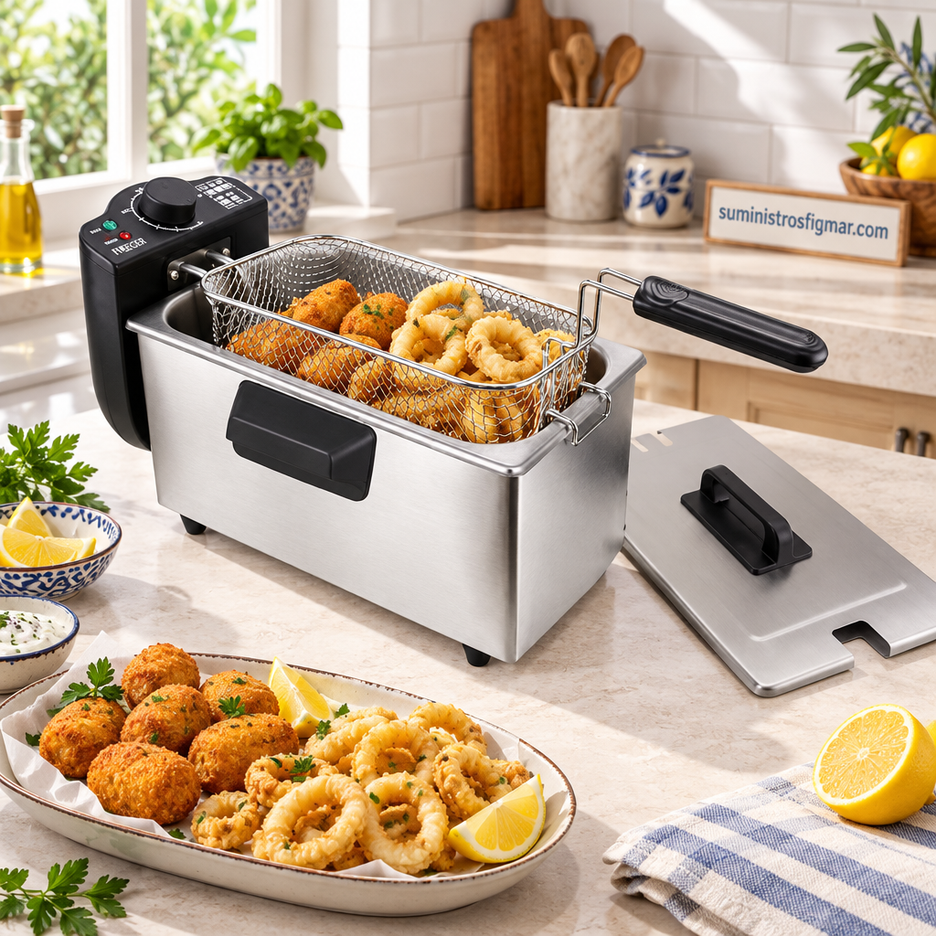 Freidora de aceite Haeger 3 L con croquetas y calamares