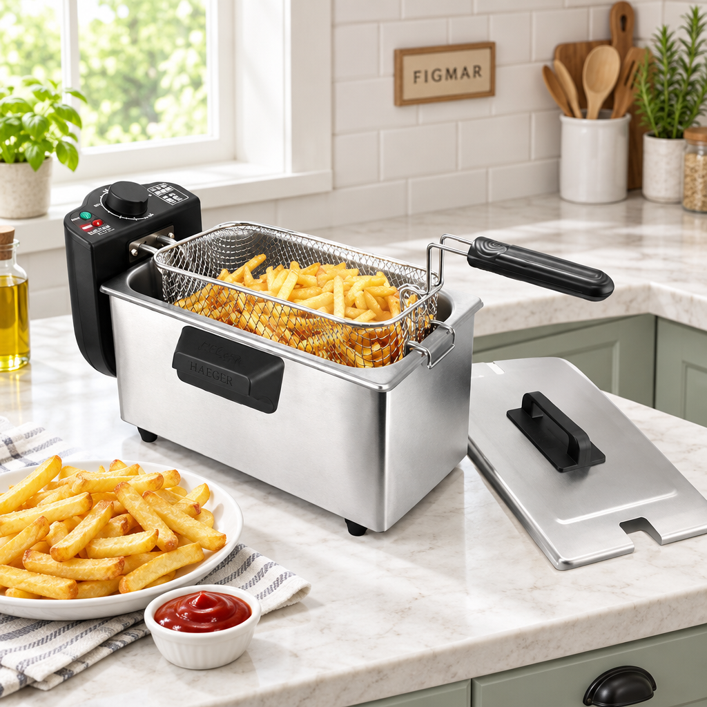Freidora de aceite Haeger 3 L con patatas y marca Figmar