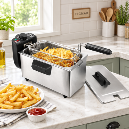 Freidora de aceite Haeger 3 L con patatas y marca Figmar