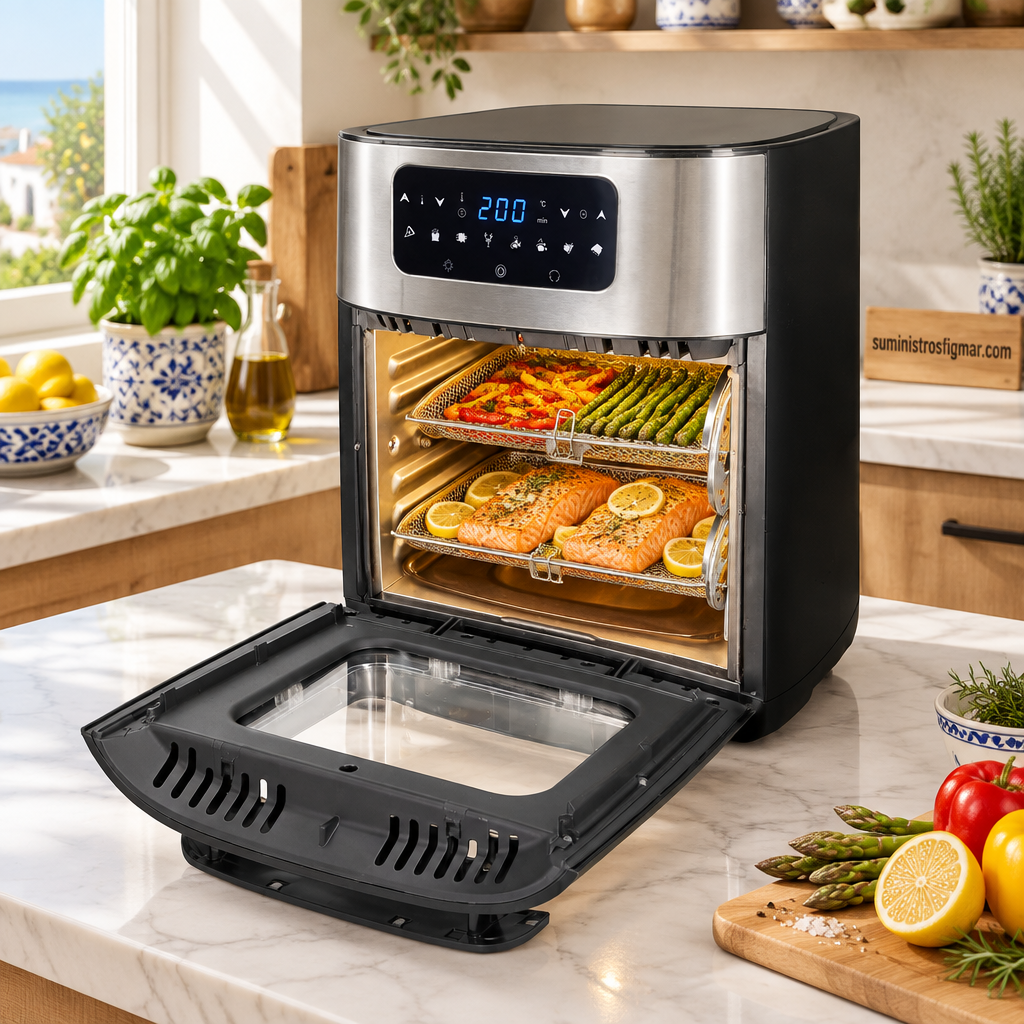 Freidora de aire GSC tipo horno con pescado y verduras