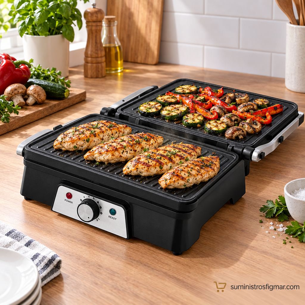 Grill Marqués de 1600 W abierto cocinando pollo, pimientos, calabacín y champiñones, imagen de Suministros Figmar