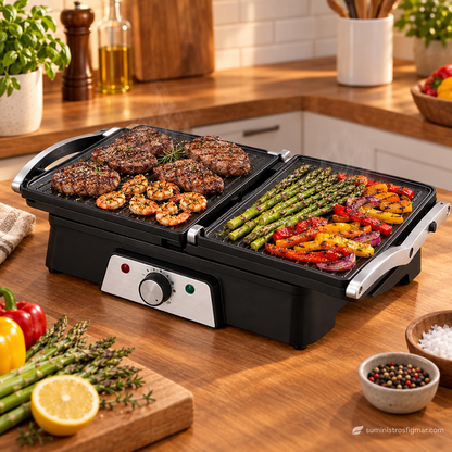 Grill Marqués de 1600 W abierto con carne, gambas, espárragos y pimientos a la parrilla, imagen de Suministros Figmar