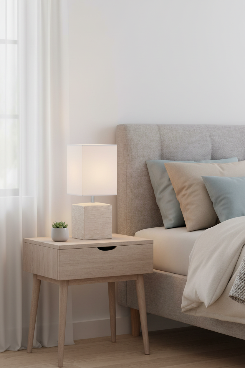 Lámpara sobremesa cerámica cúbica beige E14 Geri Globo Lighting encendida en dormitorio nórdico