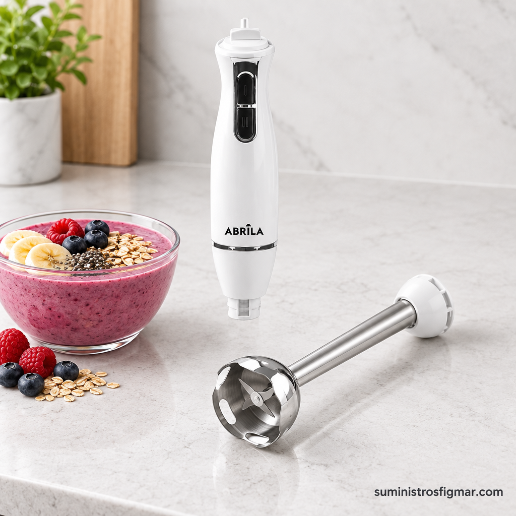 Detalle de la batidora de mano Indox blanca de 450 W con brazo desmontable de acero inoxidable, imagen de Suministros Figmar