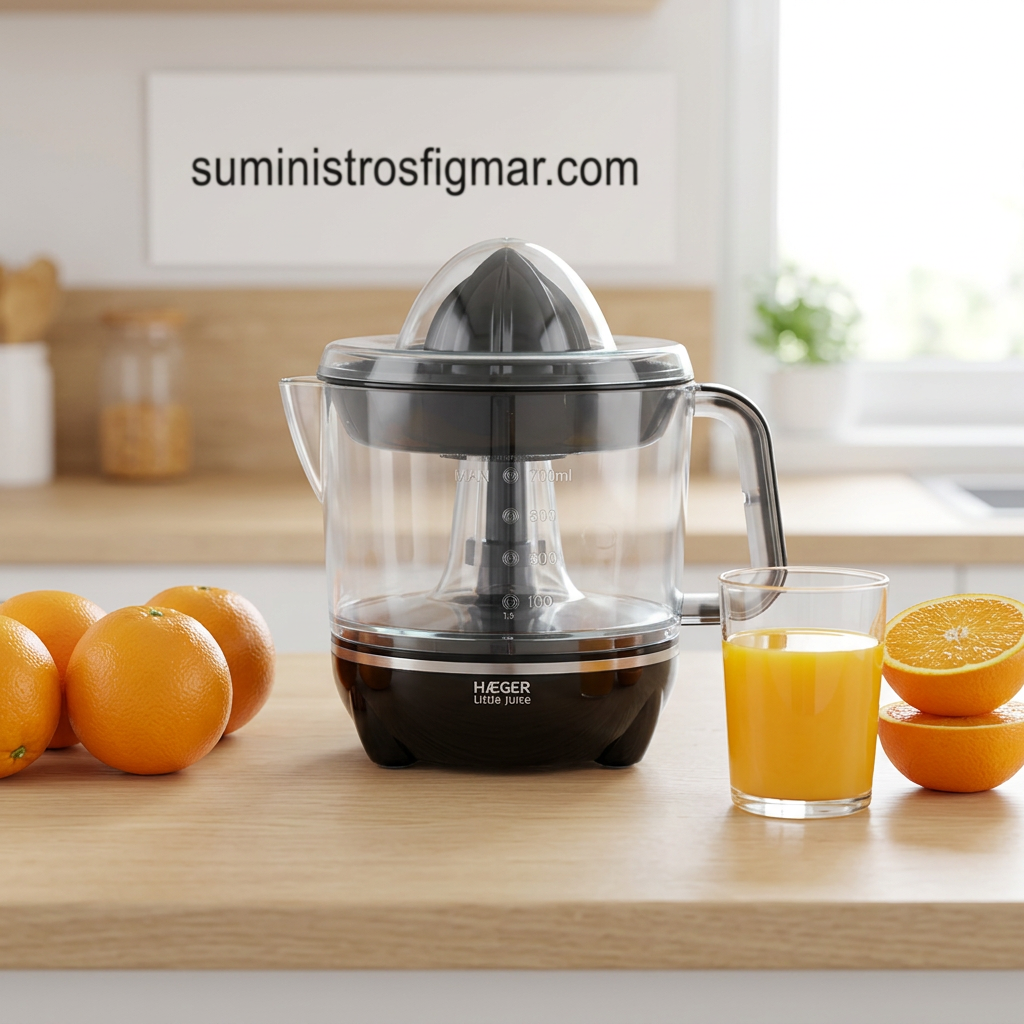 Exprimidor Haeger Little Juice negro en cocina blanca. Escena ilustrativa.