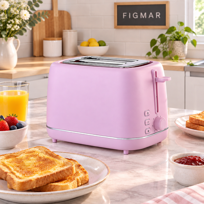 Escena ilustrativa de tostador rosa de dos ranuras en barra de desayuno con FIGMAR al fondo