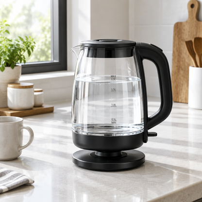 Hervidor eléctrico Frijol negro con cuerpo de cristal sobre encimera de cocina moderna junto a una ventana