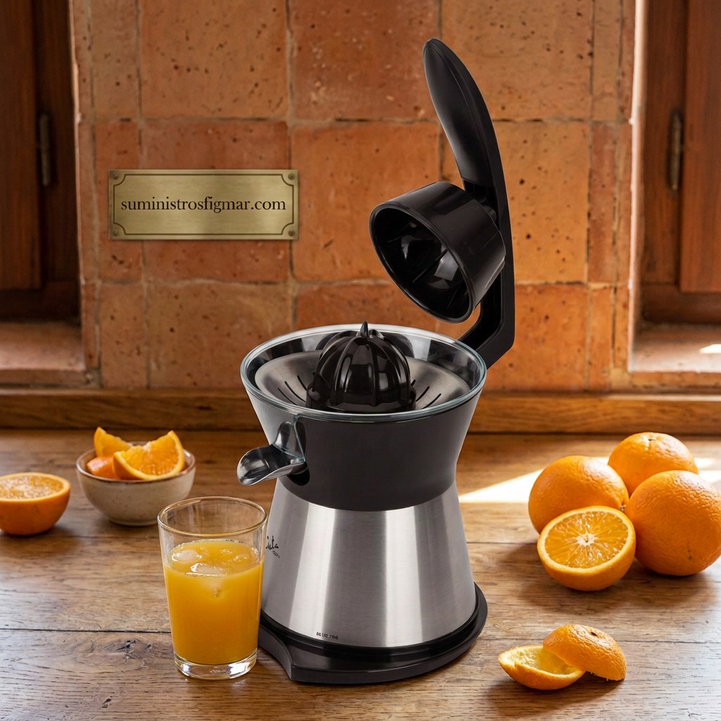 Exprimidor Jata JEEX1712 con brazo en cocina terracota, escena ilustrativa.