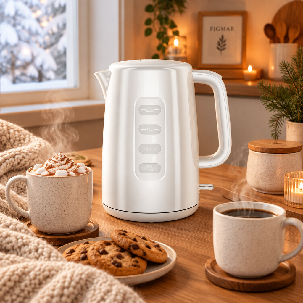 Hervidor de agua Hulex blanco en una tarde de invierno con chocolate caliente y galletas