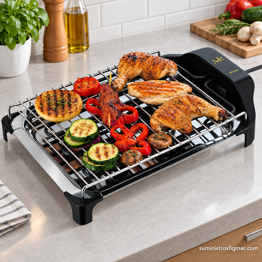 Barbacoa eléctrica Jata BQ101 de 2400 W con pollo y verduras a la parrilla, Suministros Figmar