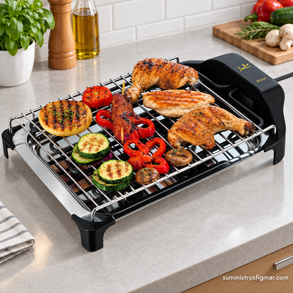 Barbacoa eléctrica Jata BQ101 de 2400 W con pollo y verduras a la parrilla, Suministros Figmar