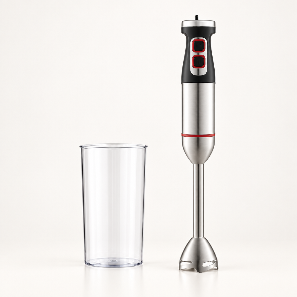 Batidora de mano Chad negra y níquel de 1300 W con vaso mezclador sobre una superficie clara