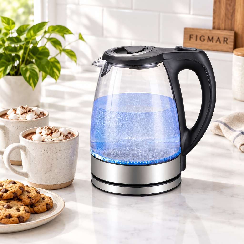 Hervidor de agua Tobago de cristal en una cocina blanca con chocolate caliente y galletas