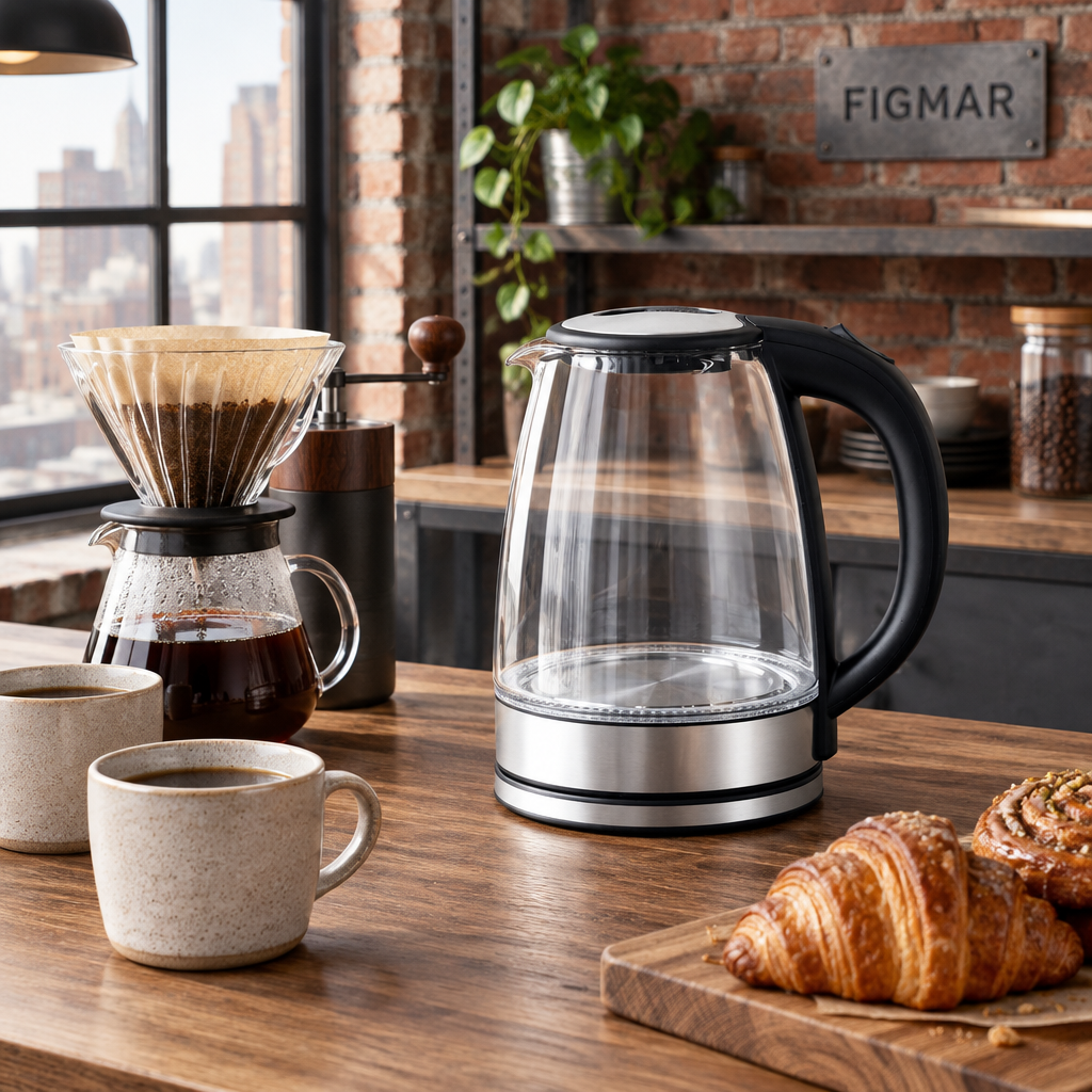 Hervidor de agua Potos de cristal en una cocina loft con café de filtro, molinillo y croissants