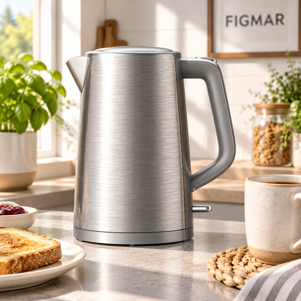 Escena ilustrativa de hervidor gris/plata en desayuno con FIGMAR al fondo
