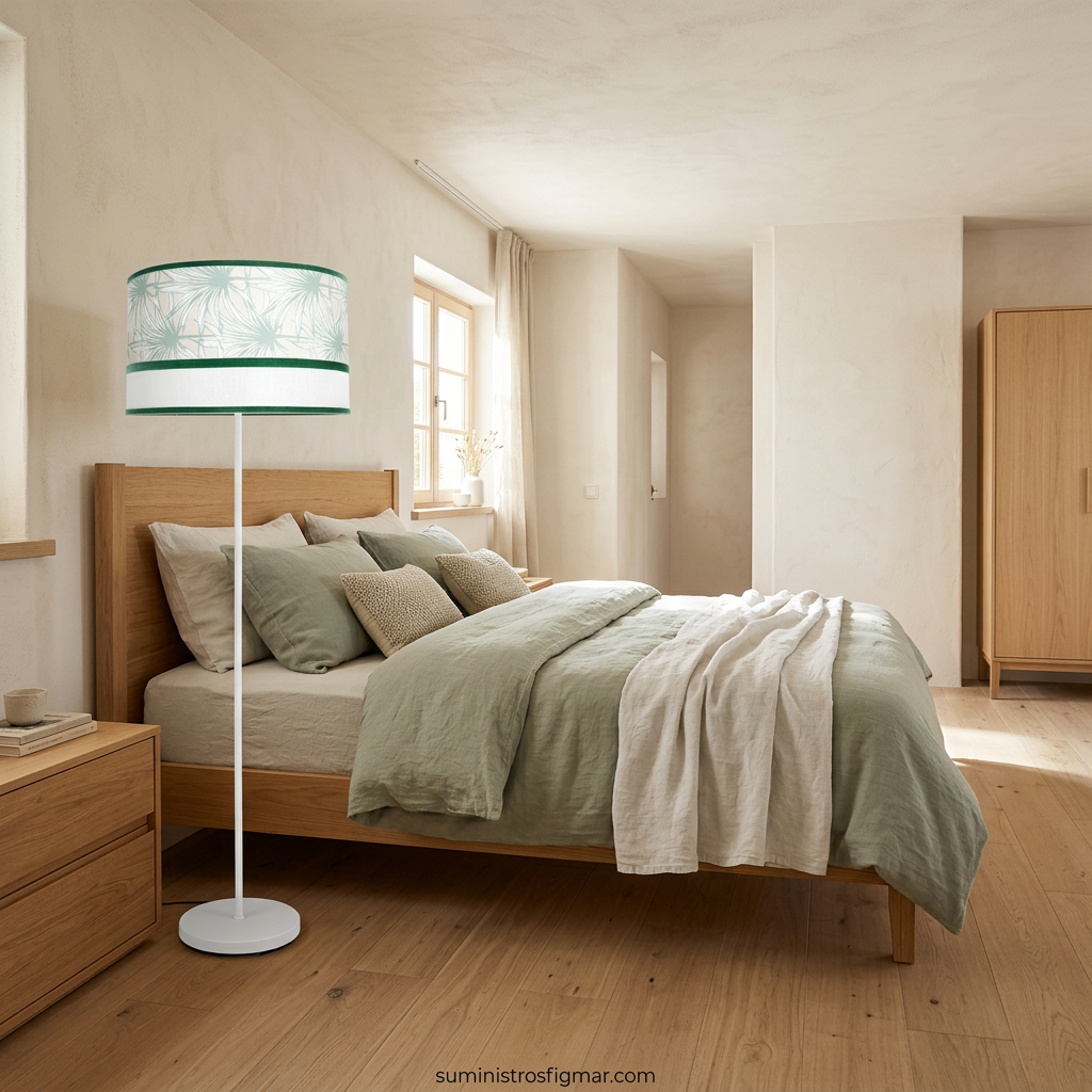 Recreación de lámpara de pie Caledonia con pantalla textil blanca y verde en dormitorio