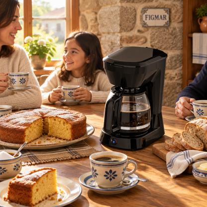 Cafetera de goteo Pecas negra en un desayuno familiar con bizcocho en una cocina de piedra