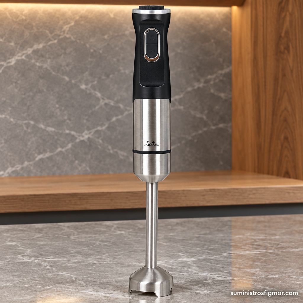 Detalle de la batidora de mano JATA JEBT1851 de 1500 W destacando el regulador electrónico y el asa ergonómica, imagen de Suministros Figmar