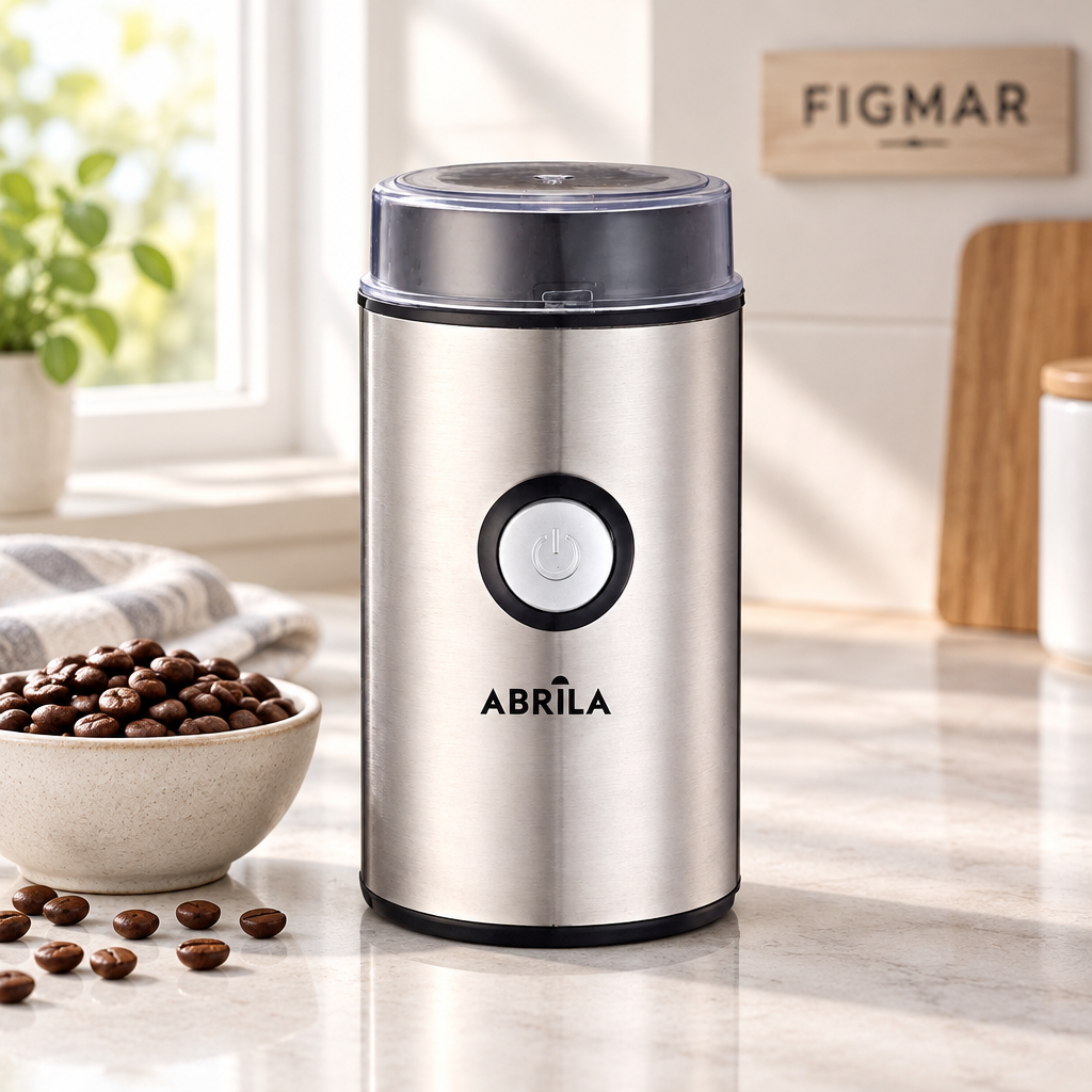 Molinillo Liberto junto a granos de café en cocina con fondo Figmar
