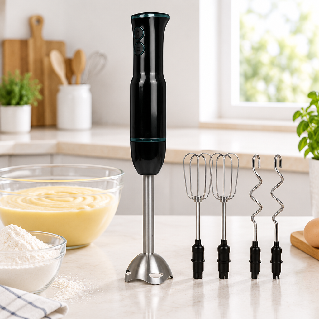 Batidora de mano JATA 500 W de acero inoxidable en una cocina moderna junto a un bol de masa