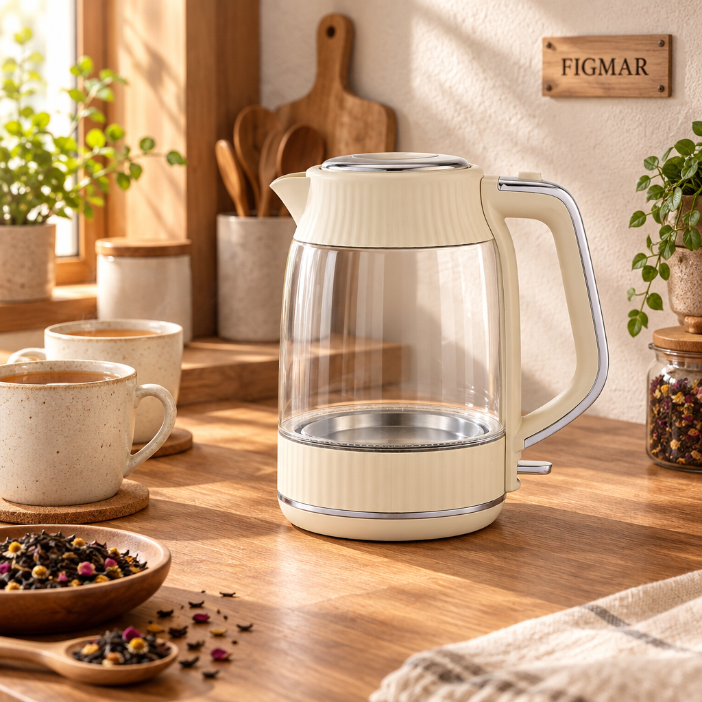 Escena ilustrativa de hervidor beige de cristal en rincón de té con FIGMAR al fondo