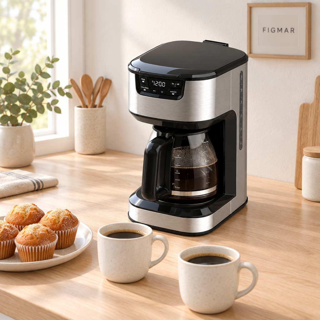 Cafetera de goteo Briar de acero inoxidable en una cocina luminosa con café y magdalenas
