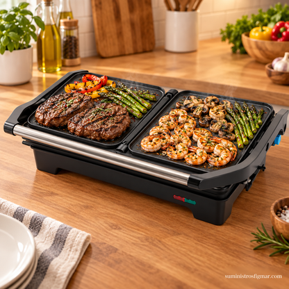 Grill Rabión de 1200 W abierto con carne, gambas, espárragos, pimientos y champiñones, imagen de Suministros Figmar