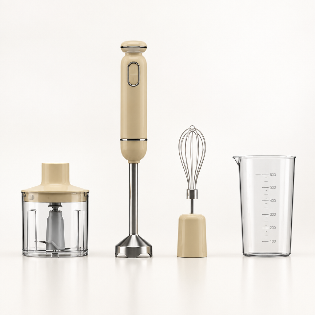 Batidora de mano Kent beige de 600 W con vaso, picadora y batidor de varillas sobre una superficie clara