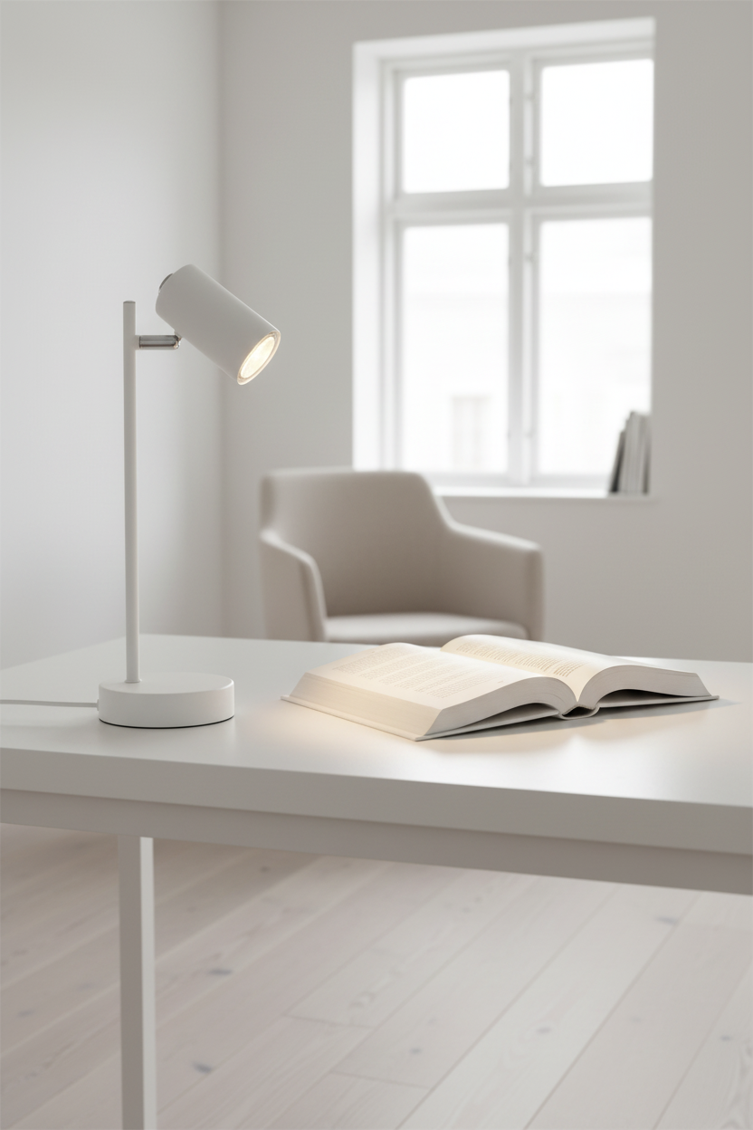 Lámpara sobremesa foco orientable blanca GU10 Robby Globo Lighting en escritorio nórdico
